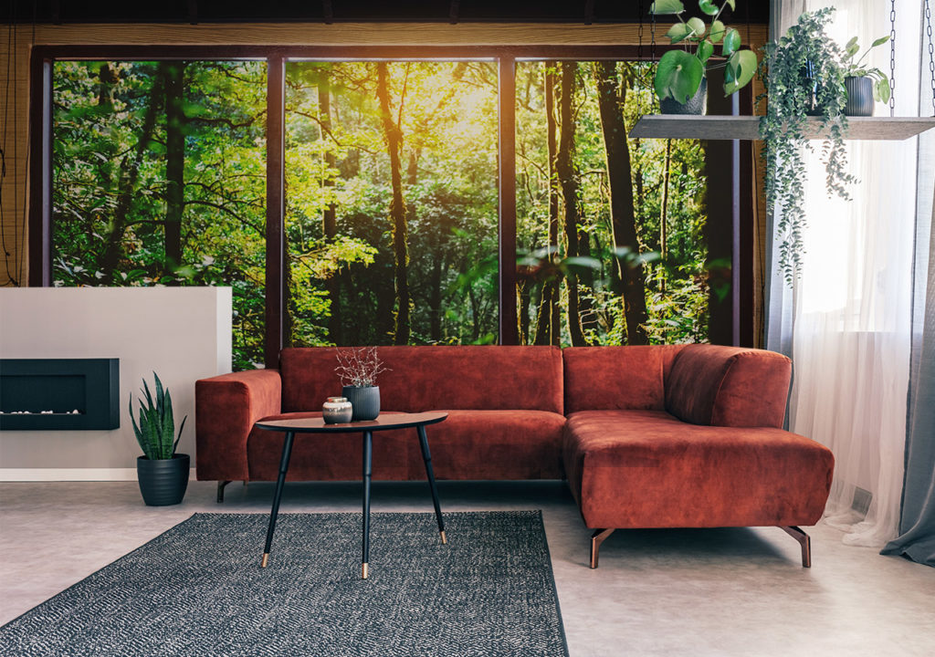 Fototapeta okno pohled na les v obývacím pokoji